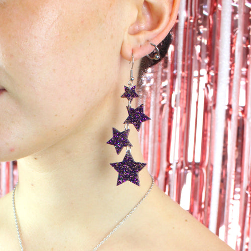 Purple Glitter Cascading Star Drop Earrings