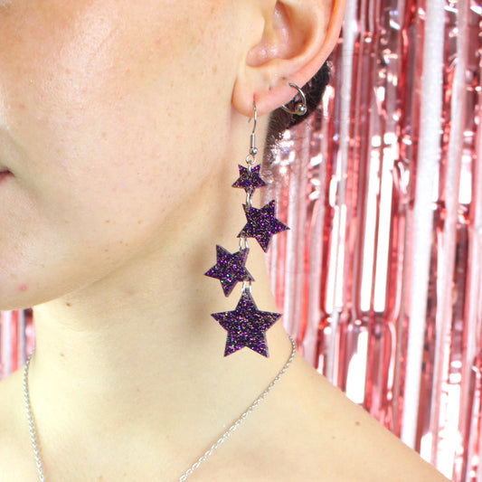 Purple Glitter Cascading Star Drop Earrings