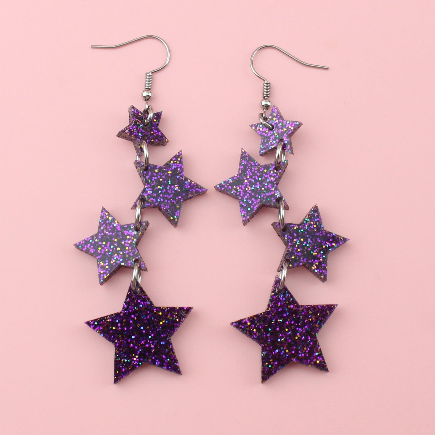Purple Glitter Cascading Star Drop Earrings