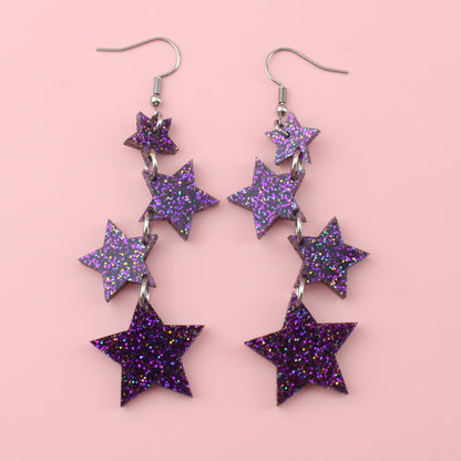 Purple Glitter Cascading Star Drop Earrings