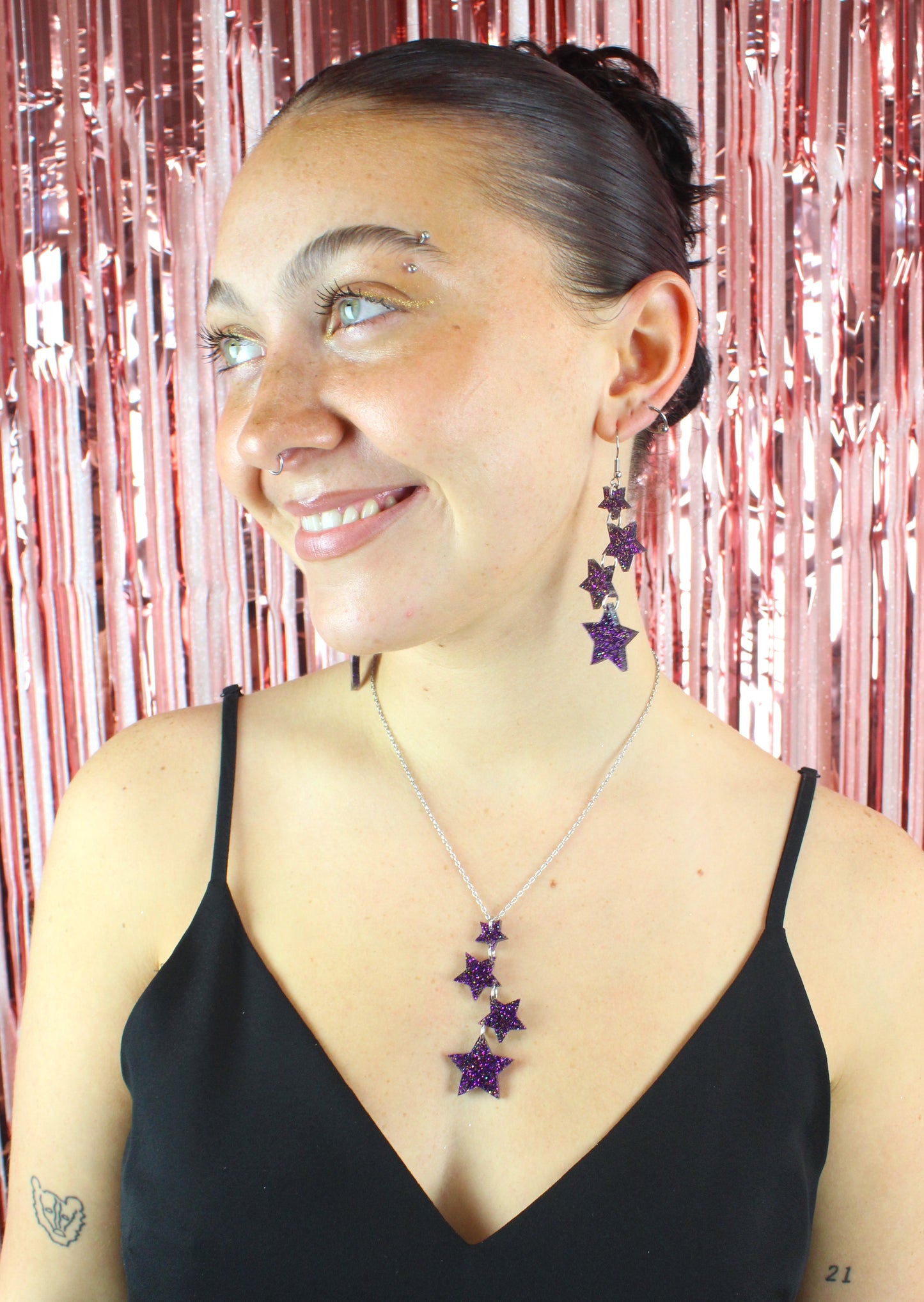Purple Glitter Cascading Star Drop Earrings