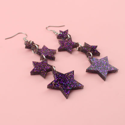 Purple Glitter Cascading Star Drop Earrings