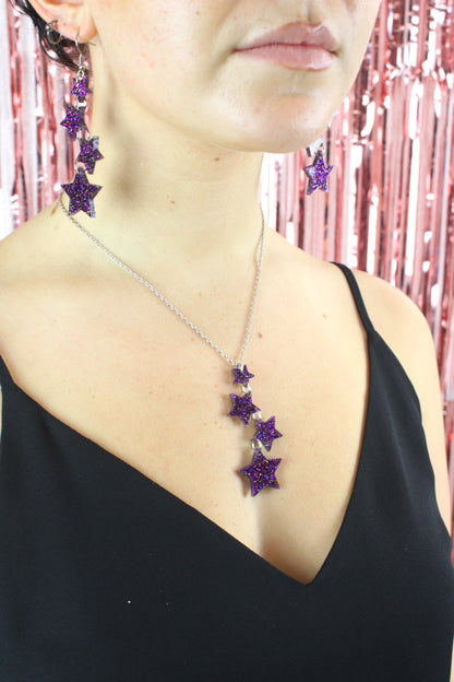 Purple Glitter Cascading Star Drop Earrings