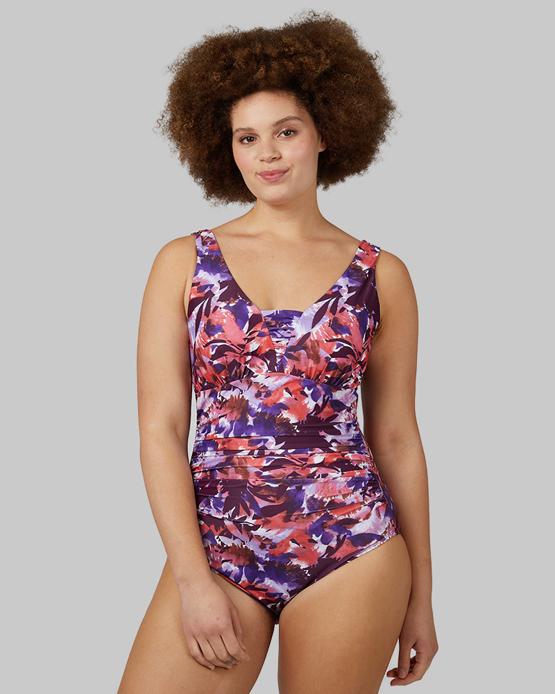 WOMEN'S RUCHED PLUNGE ONE PIECE SWIMSUIT