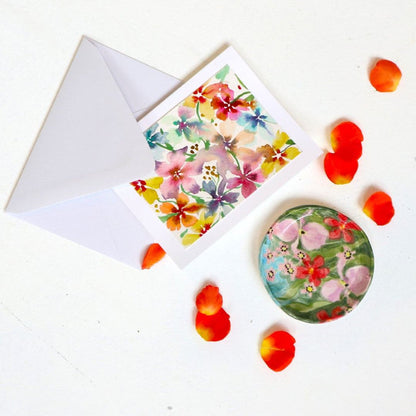 Andrea Durfee | Hand Painted watercolor floral greeting card. Also pictured, a hand painted ceramic ring dish.