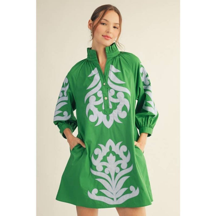 Applique Shift Dress Trudy in Green 100% Cotton