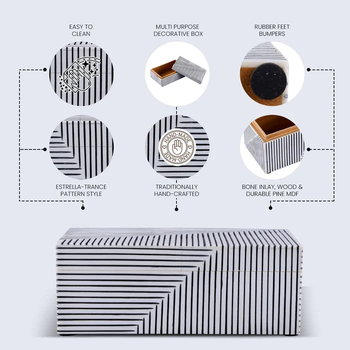 Handmade Black White Bone Inlay Decorative Storage Box – Illusion Strip Collection (Multiple Sizes