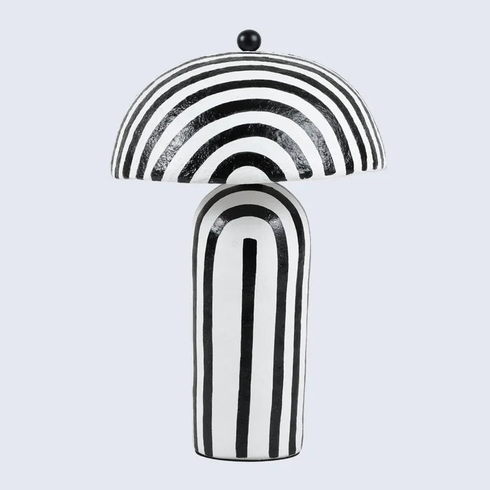 Handmade Black & White Striped Paper Mache Table Lamp – 19" x 12", for ambient lighting