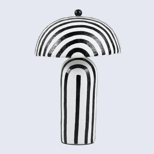 Handmade Black & White Striped Paper Mache Table Lamp – 19" x 12", for ambient lighting