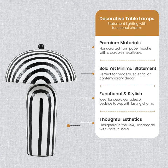 Black & White Striped Paper Mache Table Lamp – 19" x 12"