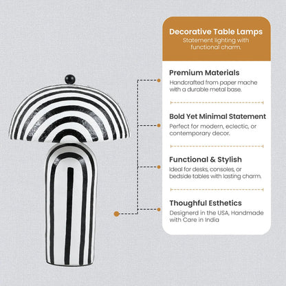 Black & White Striped Paper Mache Table Lamp – 19" x 12"