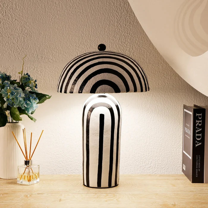 Black & White Striped Paper Mache Table Lamp – 19" x 12"