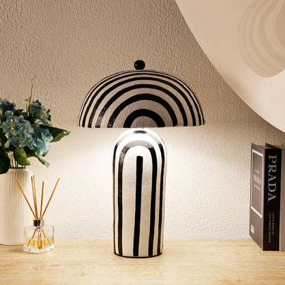 Black & White Striped Paper Mache Table Lamp – 19" x 12"