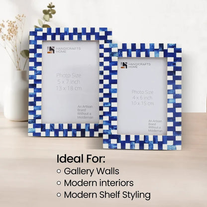 Blue White Picture Frames | Mosaic Grid Bone Inlay | 4x6 5x7
