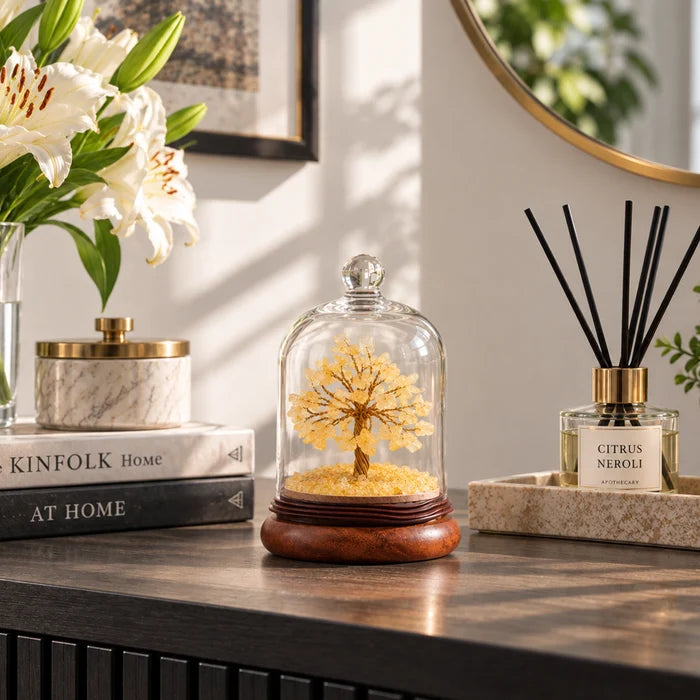 Citrine Stone Tree Decorative Cloche | Natural Stone & Wood