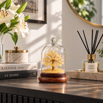 Citrine Stone Tree Decorative Cloche | Natural Stone & Wood