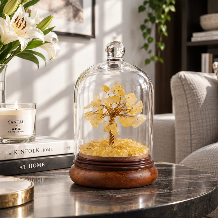 Citrine Stone Tree Decorative Cloche | Natural Stone & Wood