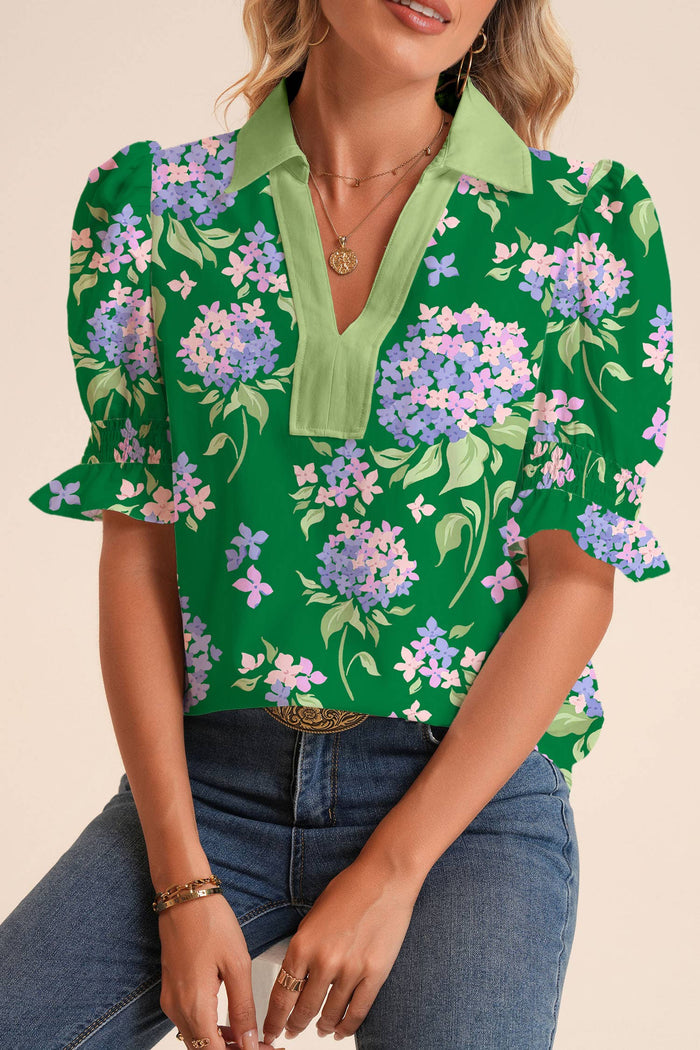 Collared V Neck Ruffled Short Sleeve Green Hydrangea Toip