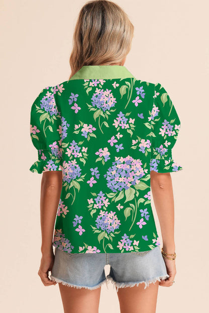 Collared V Neck Ruffled Short Sleeve Green Hydrangea Toip