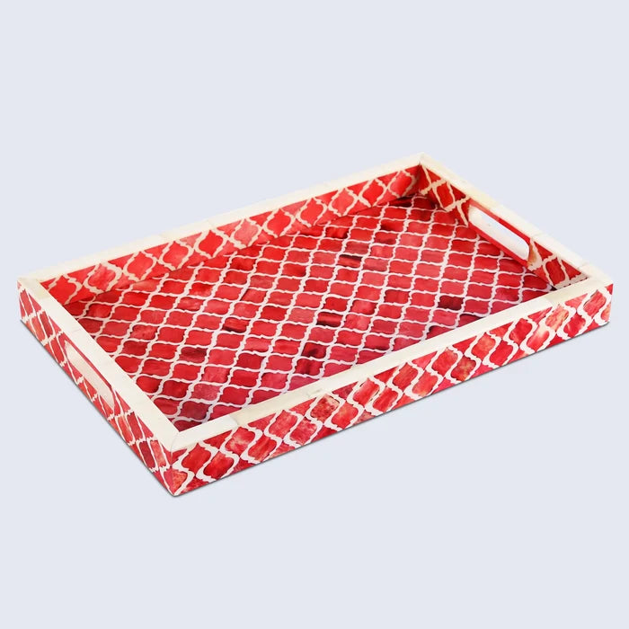 Handmade Decorative Moroccan Pattern Tray – Red & White, Available in 3 Sizes