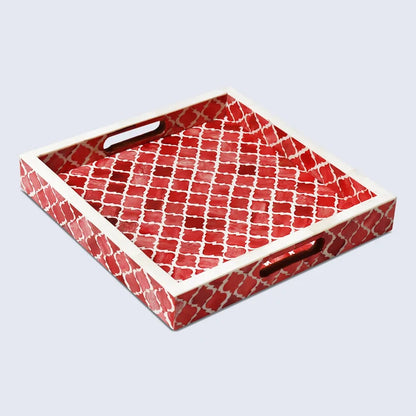 Handmade Decorative Moroccan Pattern Tray – Red & White, Available in 3 Sizes