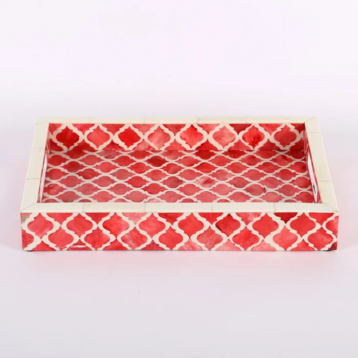 Handmade Decorative Moroccan Pattern Tray – Red & White, Available in 3 Sizes