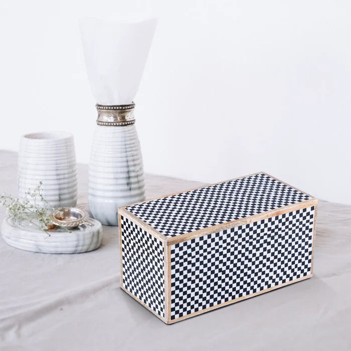 Handmade Decorative Storage Box Classic Checkered Pattern Resin Inlay, Black-White, 7 Sizes