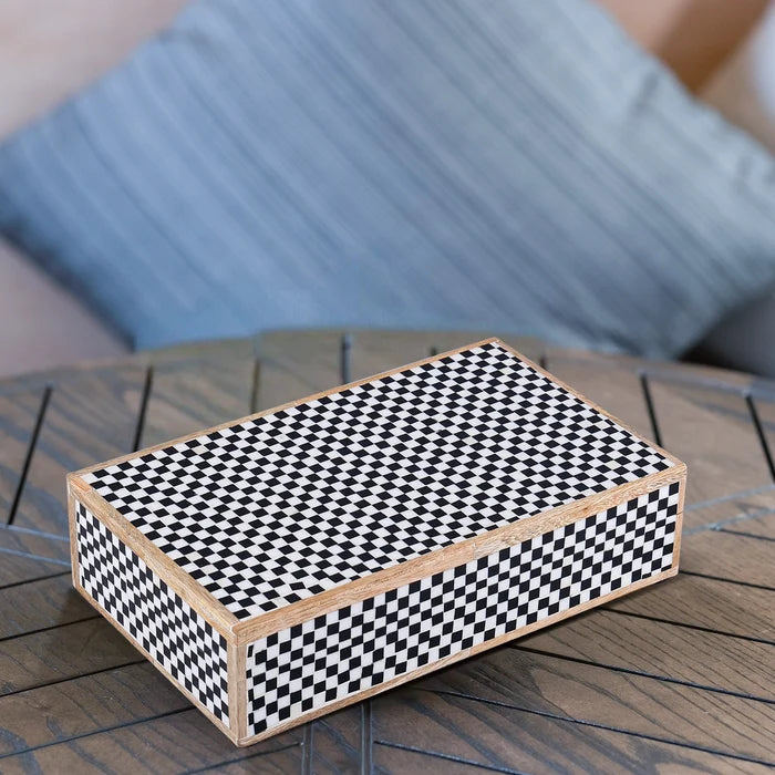 Handmade Decorative Storage Box Classic Checkered Pattern Resin Inlay, Black-White, 7 Sizes