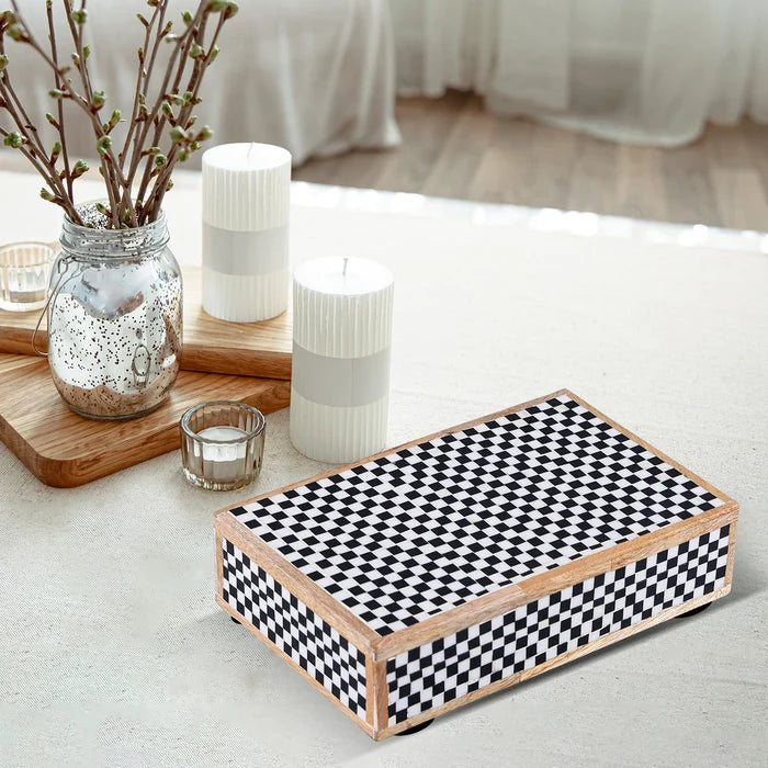 Handmade Decorative Storage Box Classic Checkered Pattern Resin Inlay, Black-White, 7 Sizes