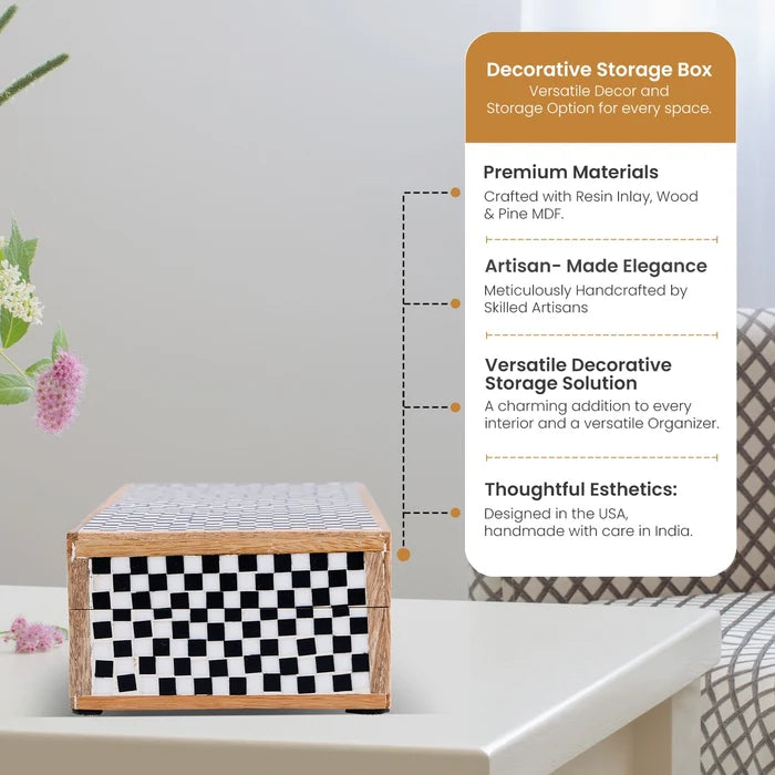 Handmade Decorative Storage Box Classic Checkered Pattern Resin Inlay, Black-White, 7 Sizes