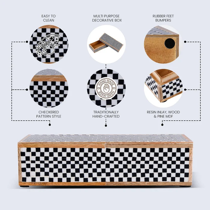 Decorative Storage Box Classic Checkered Pattern Resin Inlay, Black-White,  7 Sizes