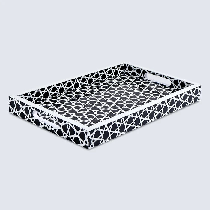 Handmade Decorative Tray Zellij Grande Black & White Resin Inlay, 11" × 17", 12" × 12"
