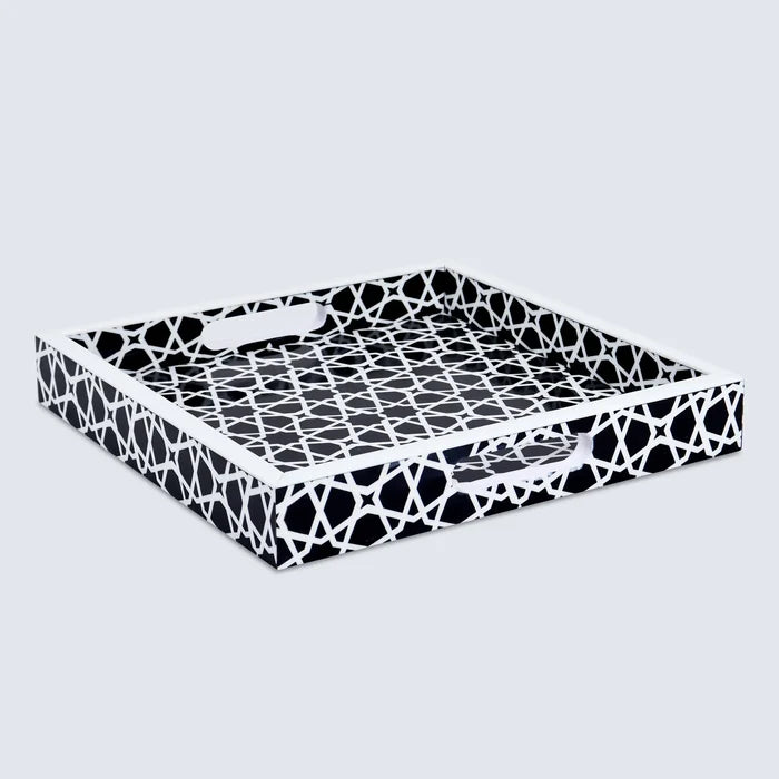 Handmade Decorative Tray Zellij Grande Black & White Resin Inlay, 11" × 17", 12" × 12"