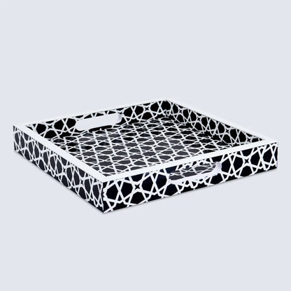 Handmade Decorative Tray Zellij Grande Black & White Resin Inlay, 11" × 17", 12" × 12"