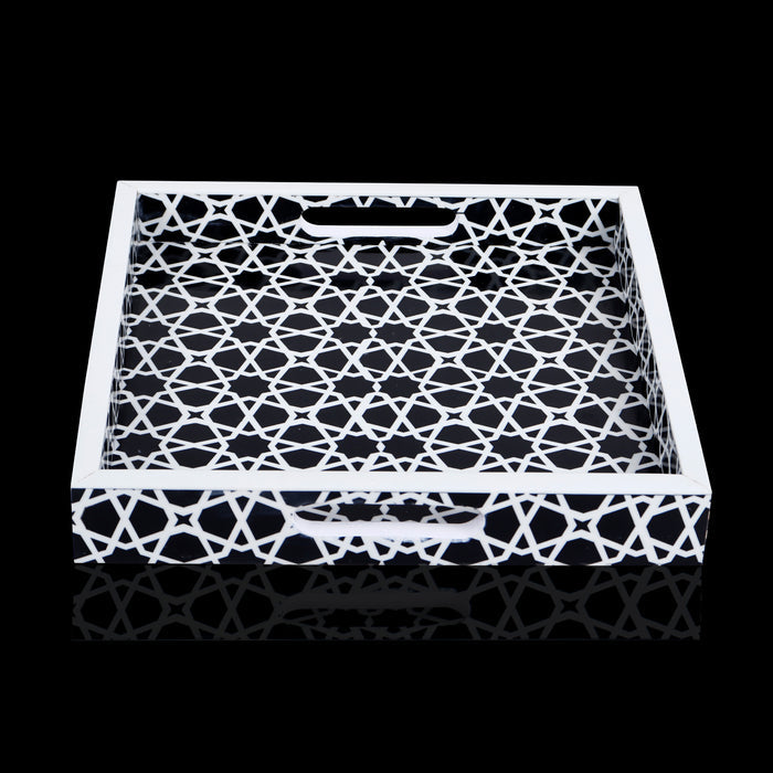 Decorative Tray Zellij Grande Black & White Resin Inlay, 11" × 17", 12" × 12"