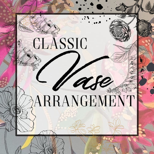 Decorative design with floral elements and text 'Classic Vase Arrangement' on a colorful background.