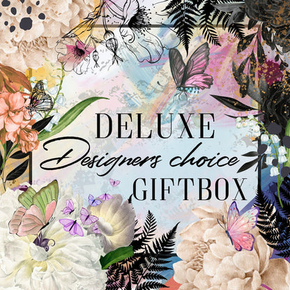 Decorative giftbox with floral and butterfly design and text 'Deluxe Designers choice Giftbox'.