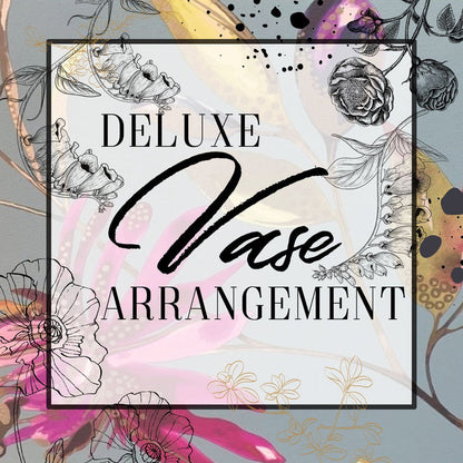 Decorative text 'Deluxe Vase Arrangement' with floral designs on a colorful background