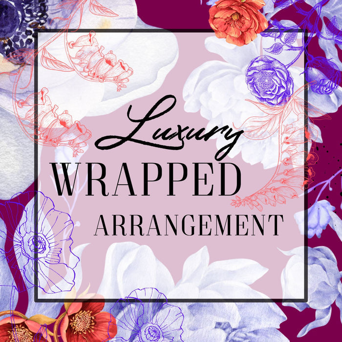 Floral design with 'Luxury Wrapped Arrangement' text on a colorful background