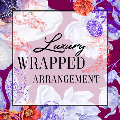 Floral design with 'Luxury Wrapped Arrangement' text on a colorful background