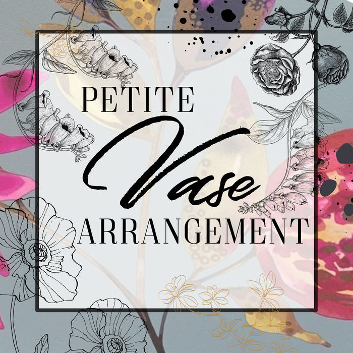 Decorative design with floral elements and 'Petite Vase Arrangement' text on a colorful background.