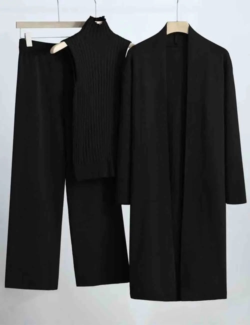 Ladies Solid Color Open Knit Cardigan & Pants 3PCS Set