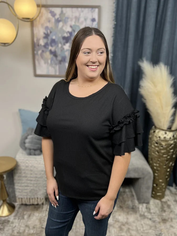 Look Inside You Women's Ribbed Ruffle Short Sleeve Top