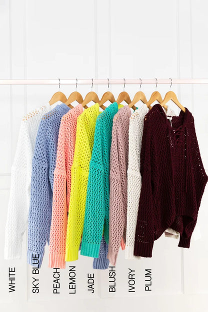 Lace up Women's Lightweight Open Knit Hooded Sweater