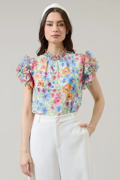 Ezia Garden Brenna Mock Neck Floral Ruffle Blouse 9056X