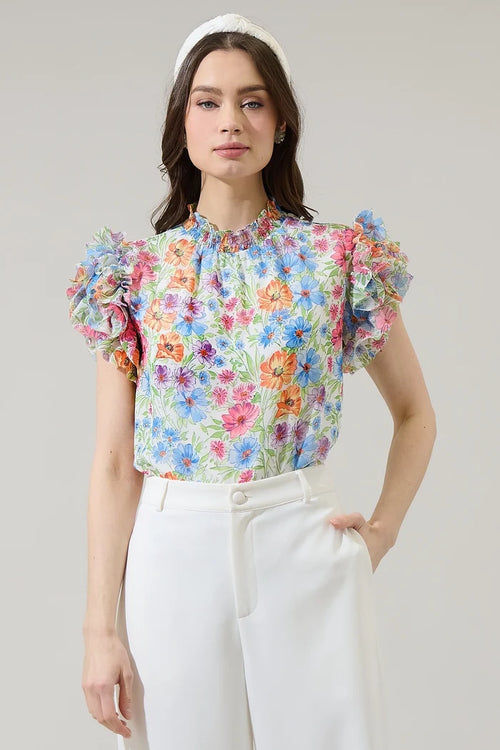 Ezia Garden Brenna Mock Neck Floral Ruffle Blouse 9056X