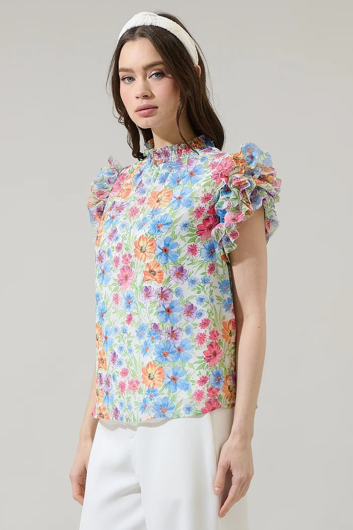 Ezia Garden Brenna Mock Neck Floral Ruffle Blouse 9056X