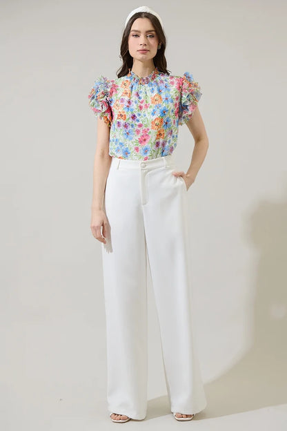 Ezia Garden Brenna Mock Neck Floral Ruffle Blouse 9056X
