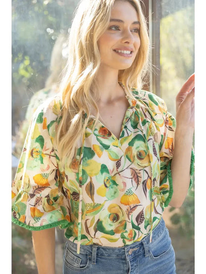 Fringe Detailed Loose Sleeve Floral Print Top Green Yellow 35203