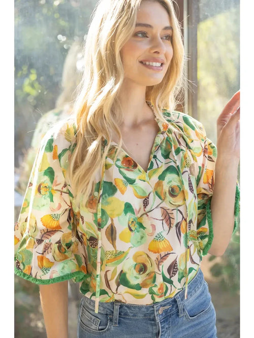 Fringe Detailed Loose Sleeve Floral Print Top Green Yellow 35203